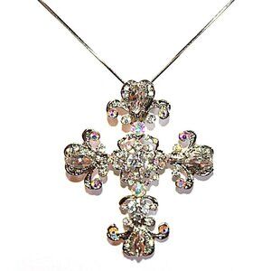Large Silver Scrolled Vintage Cross w/Ab Clear Crystals Pendant Necklace
